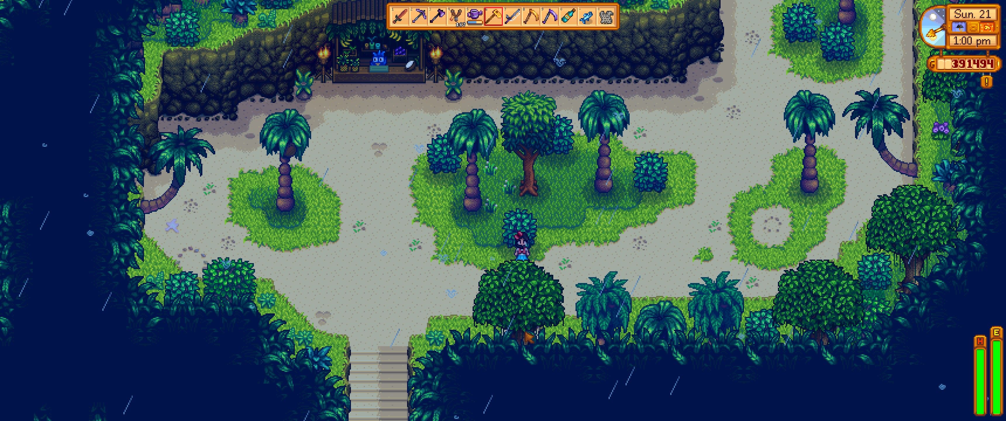 Stardew Valley: The player stands in front of the vine tree path