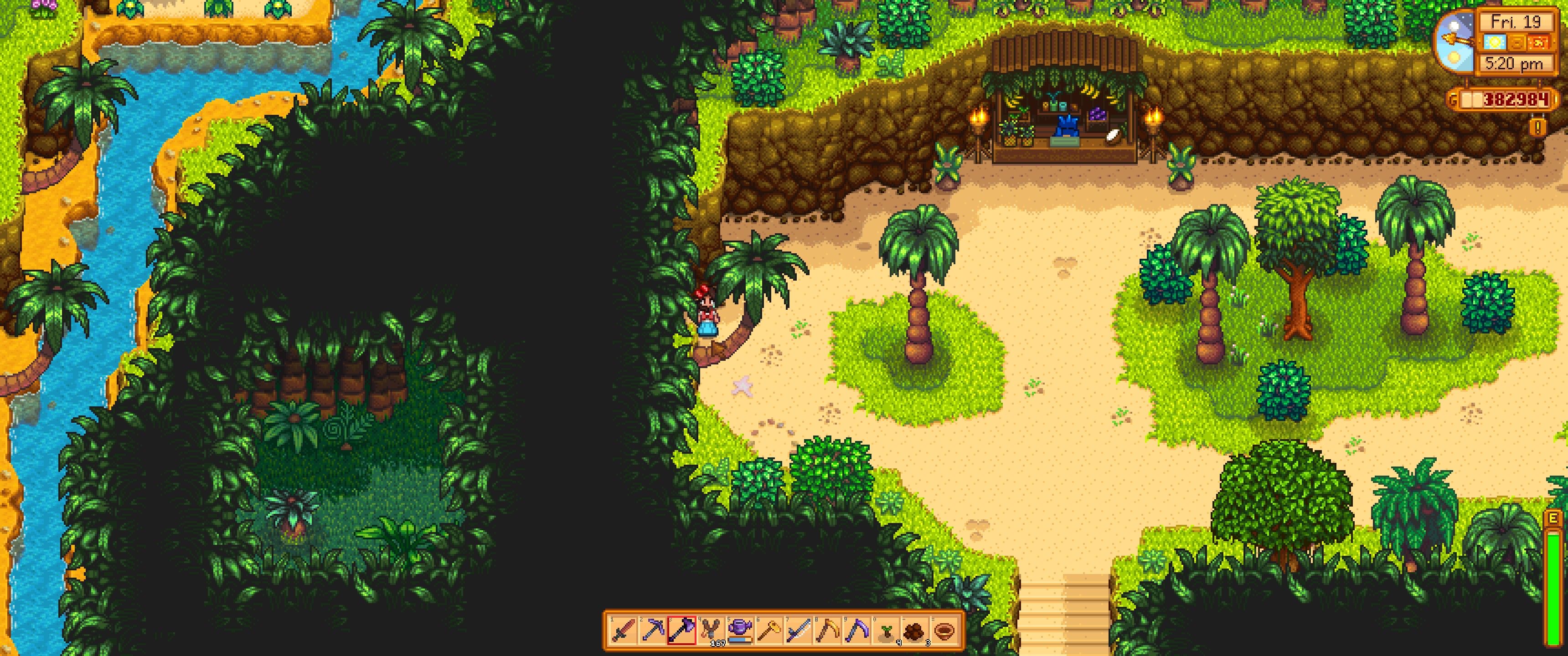 Stardew Valley: The player stands at the entrance to the palm tree path